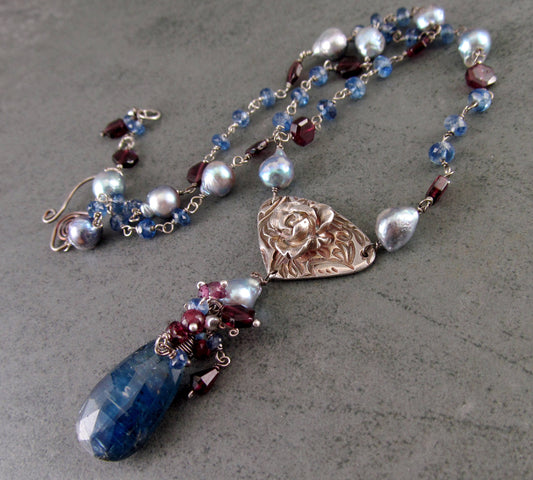 Kyanite rose necklace, handmade recycled fine silver necklace with garnet and silver blue saltwater Akoya pearls-OOAK Yankee Rose necklace