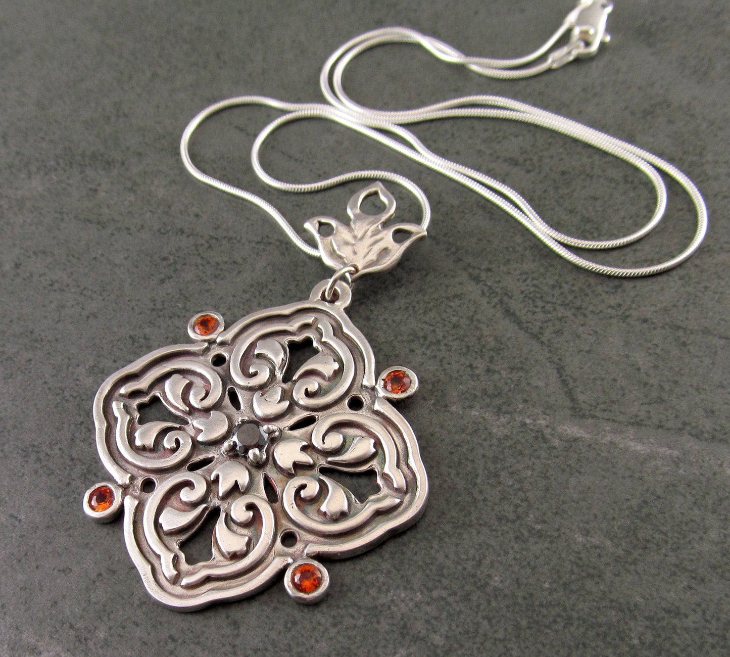 Floral medallion pendant necklace, handmade recycled fine silver, sapphire and garnet necklace-OOAK September & January birthstone  jewelry