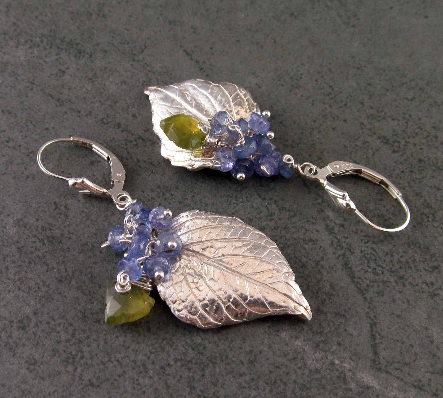 Silver hydrangea leaf earrings with tanzanite, handmade eco friendly fine silver jewelry-OOAK