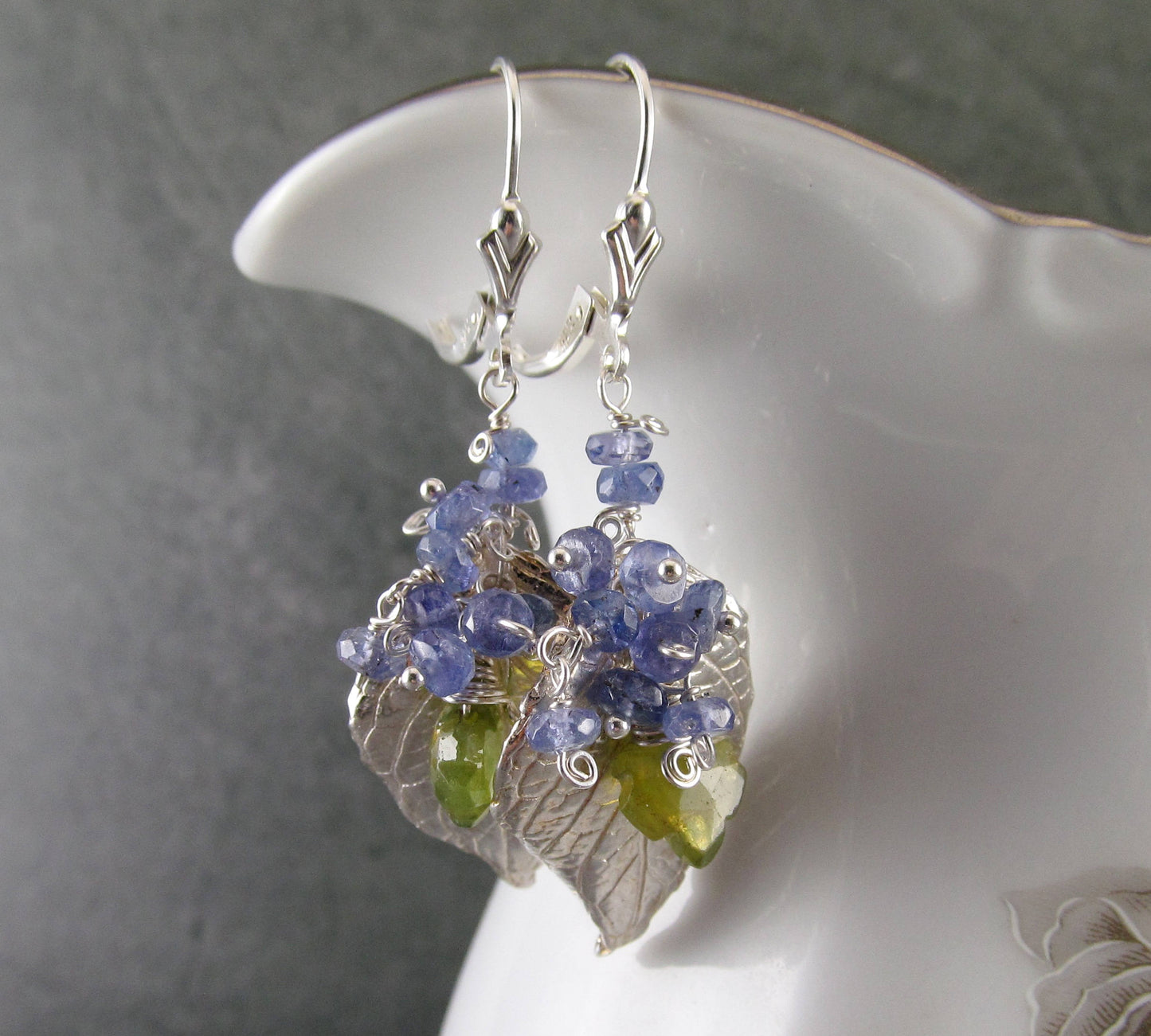 Silver hydrangea leaf earrings with tanzanite, handmade eco friendly fine silver jewelry-OOAK