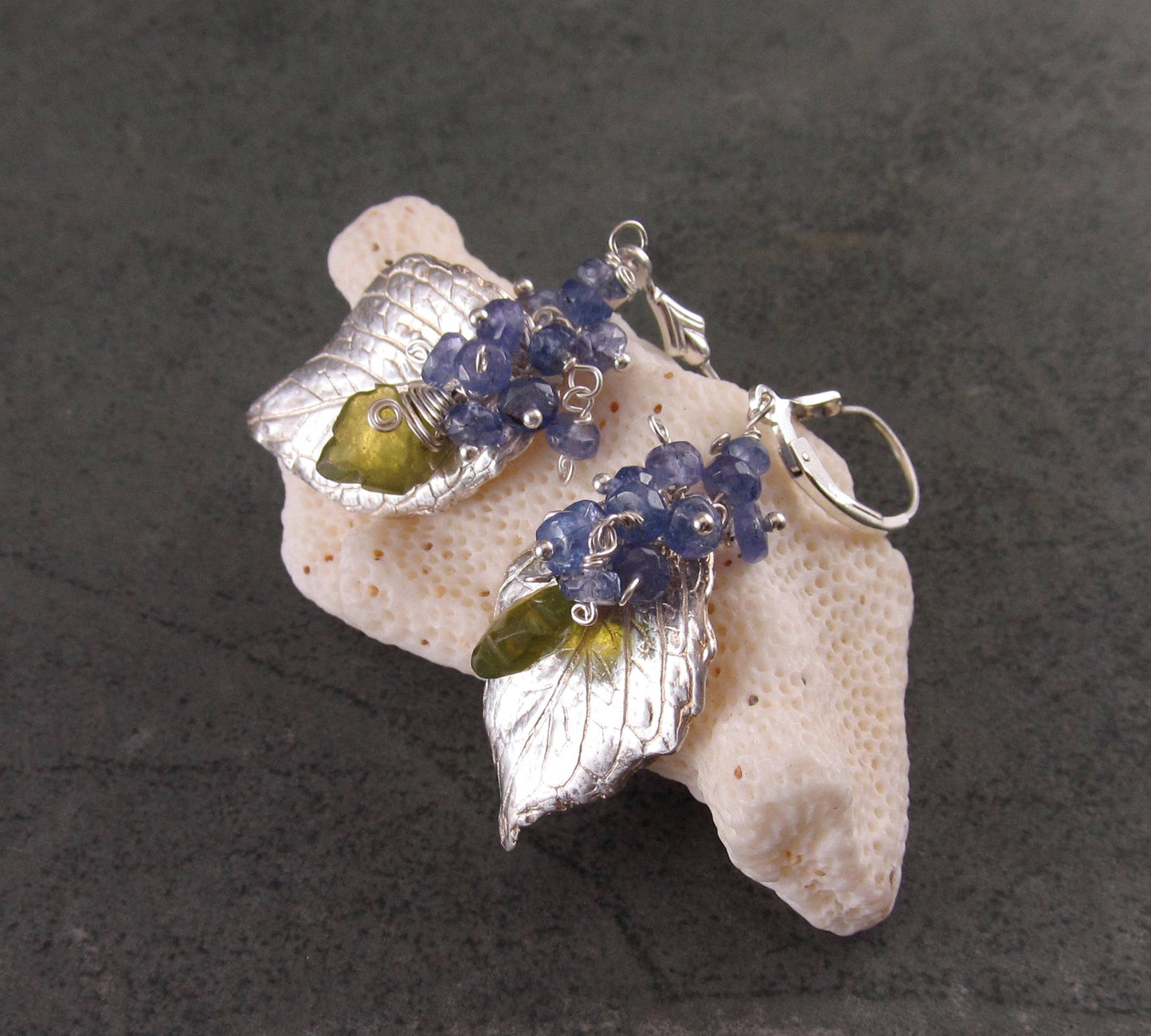 Silver hydrangea leaf earrings with tanzanite, handmade eco friendly fine silver jewelry-OOAK