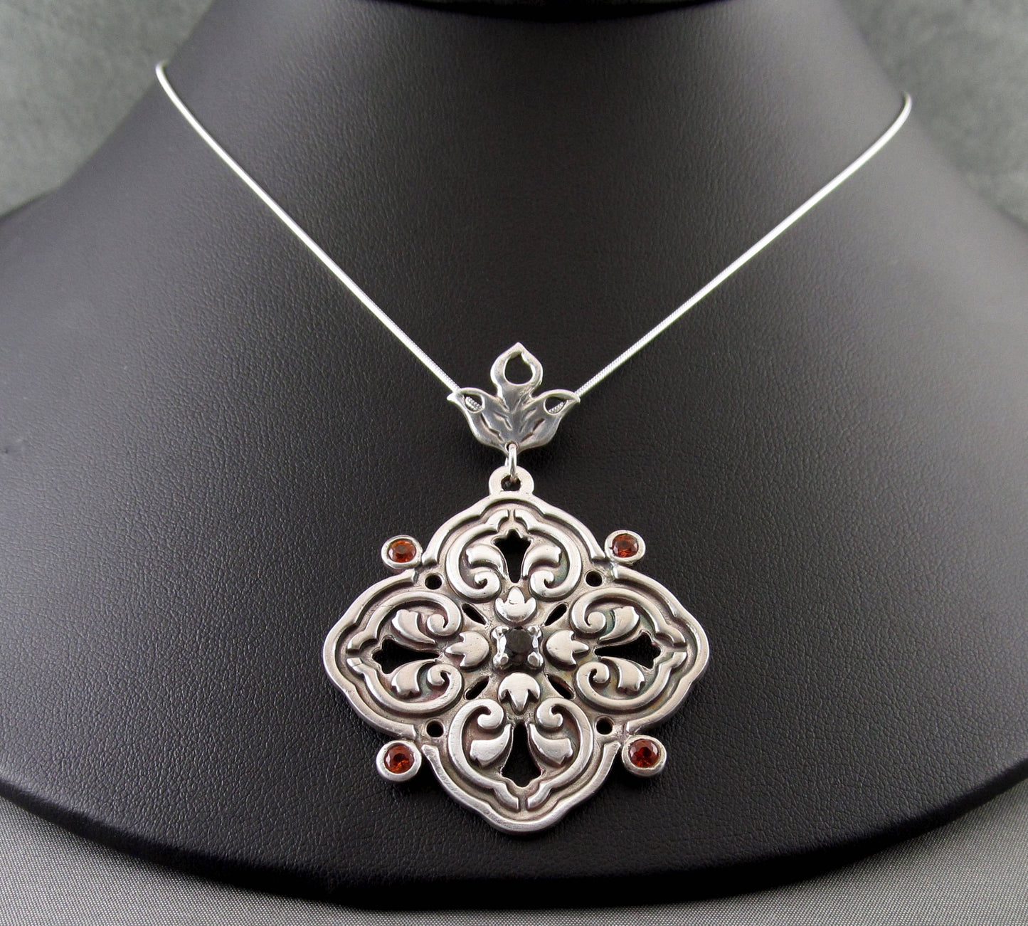 Floral medallion pendant necklace, handmade recycled fine silver, sapphire and garnet necklace-OOAK September & January birthstone  jewelry