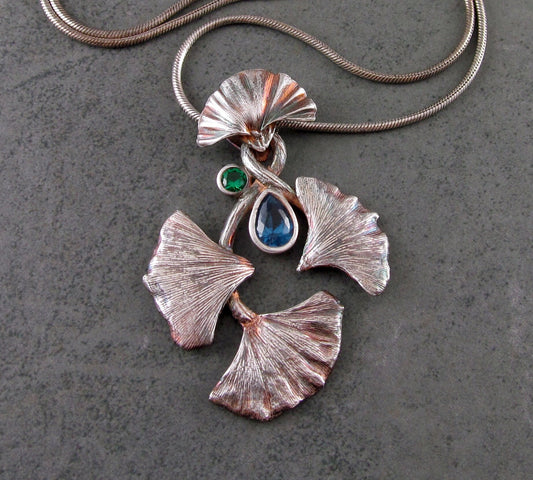 Gingko celebration pendant, handmade eco friendly fine silver necklace with blue spinel and green nano crystal-OOAK