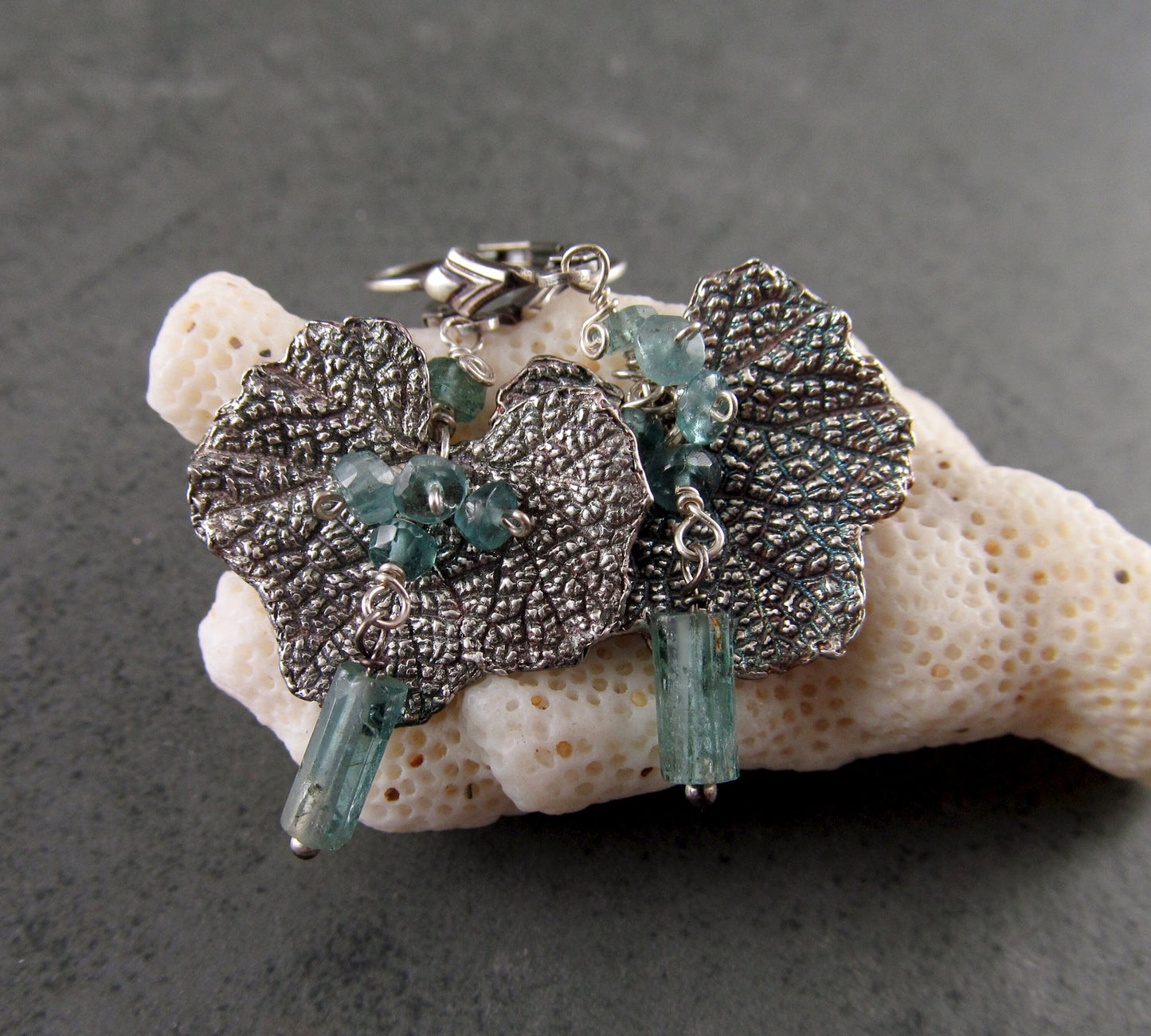 Blue tourmaline earrings, handmade recycled fine silver leaf earrings-OOAK
