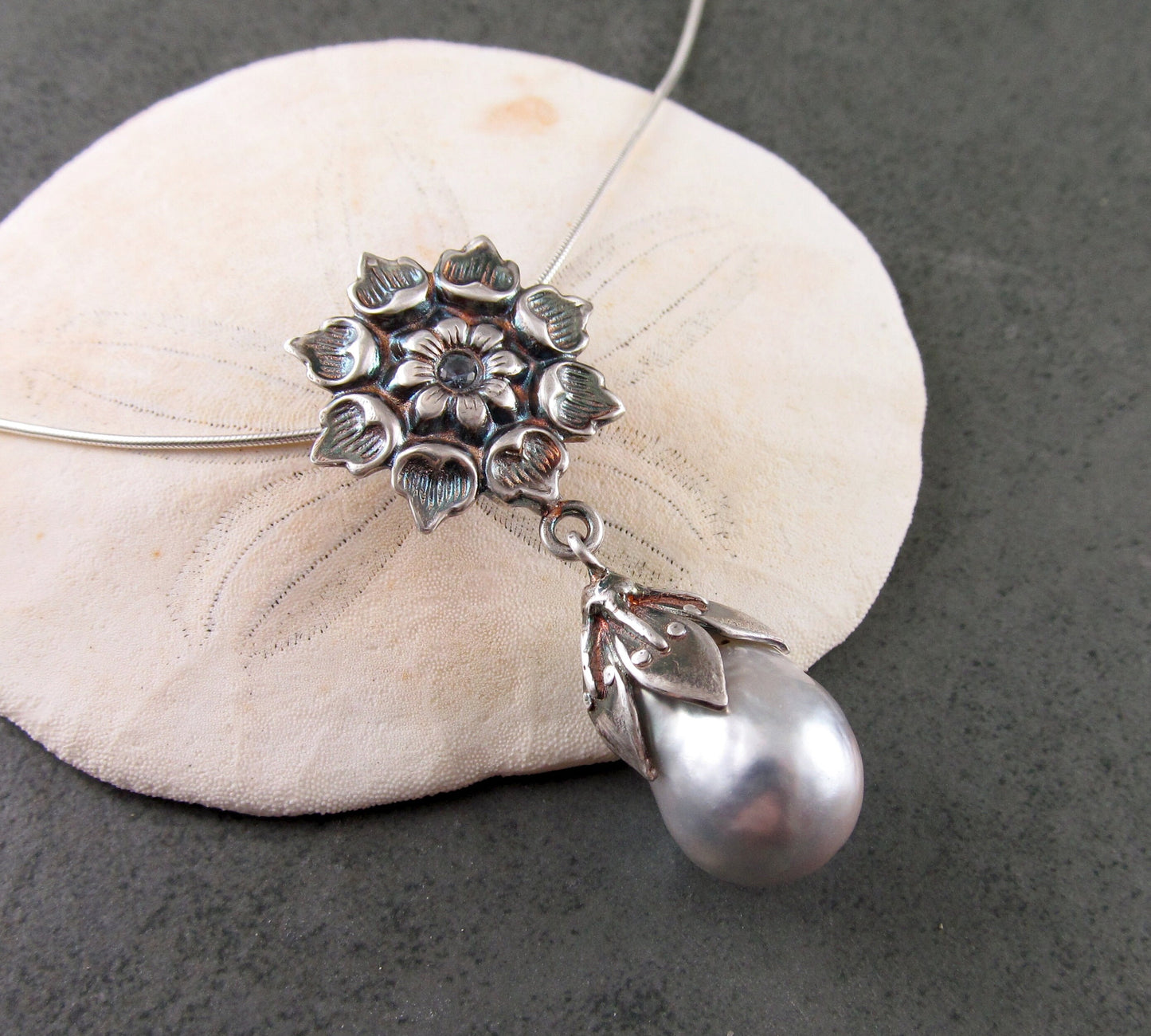 Sapphire & Tahitian pearl pendant, handmade eco friendly fine silver flower necklace with Montana blue sapphire-OOAK