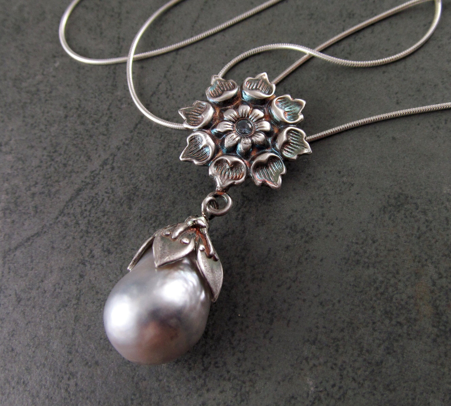 Sapphire & Tahitian pearl pendant, handmade eco friendly fine silver flower necklace with Montana blue sapphire-OOAK