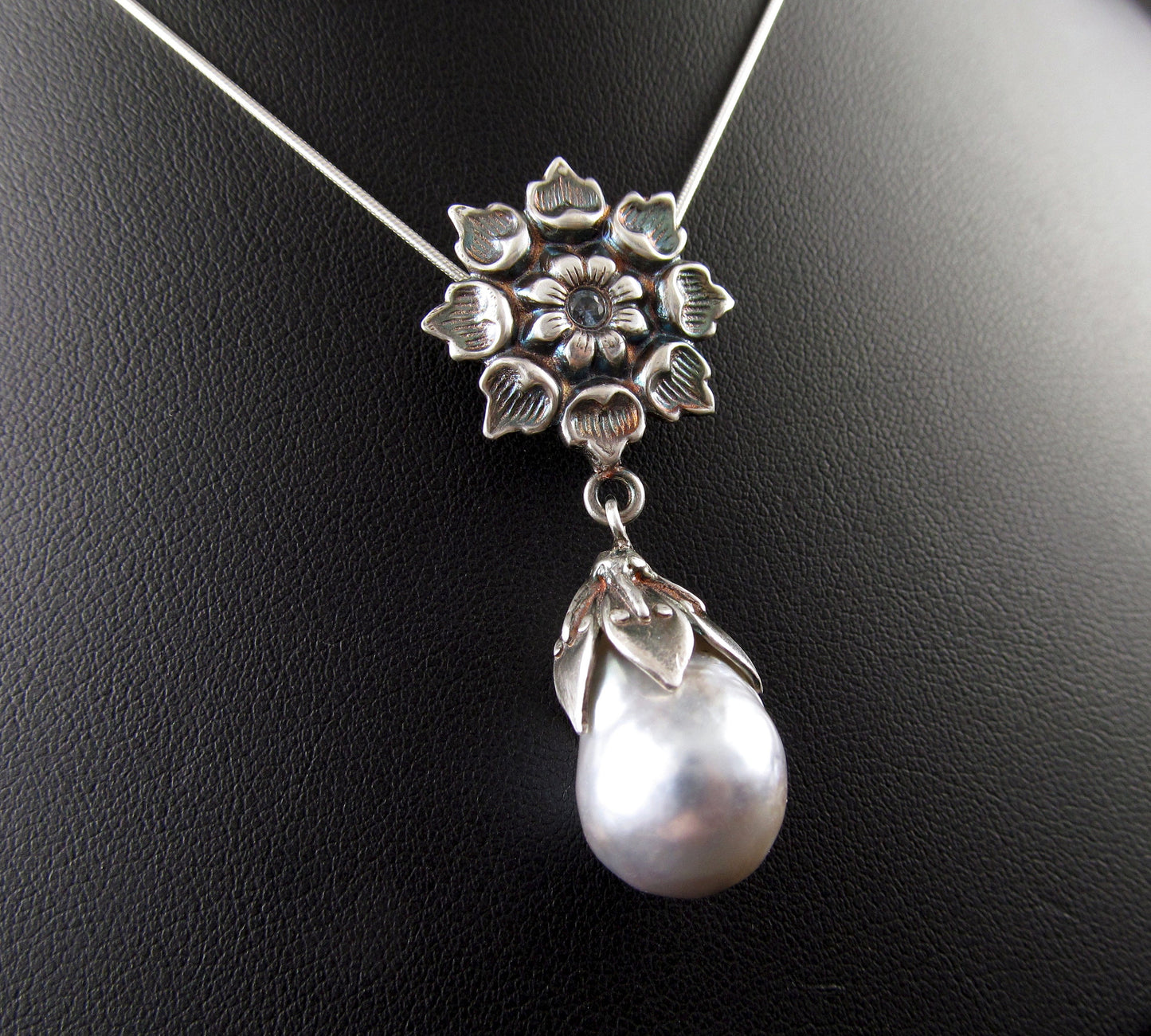 Sapphire & Tahitian pearl pendant, handmade eco friendly fine silver flower necklace with Montana blue sapphire-OOAK