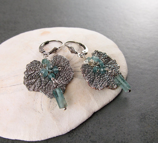 Blue tourmaline earrings, handmade recycled fine silver leaf earrings-OOAK