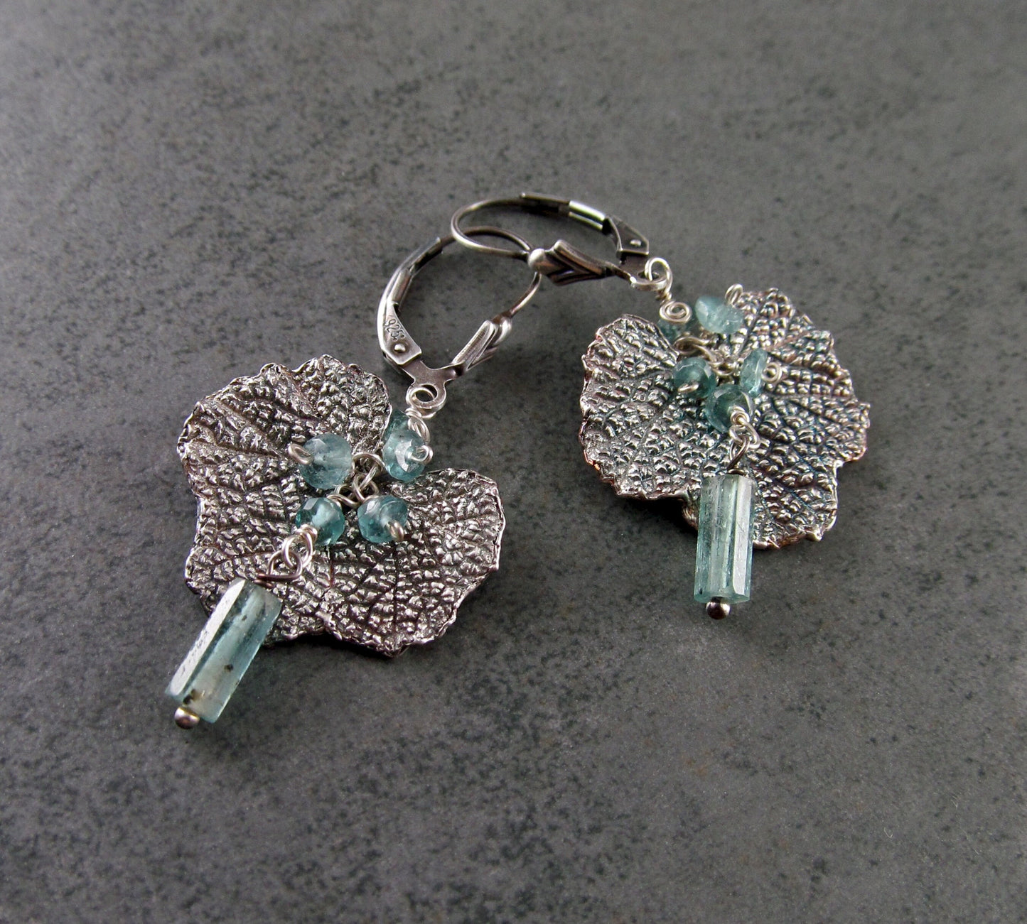 Blue tourmaline earrings, handmade recycled fine silver leaf earrings-OOAK