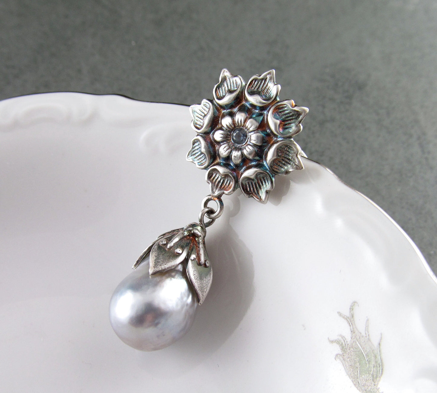 Sapphire & Tahitian pearl pendant, handmade eco friendly fine silver flower necklace with Montana blue sapphire-OOAK