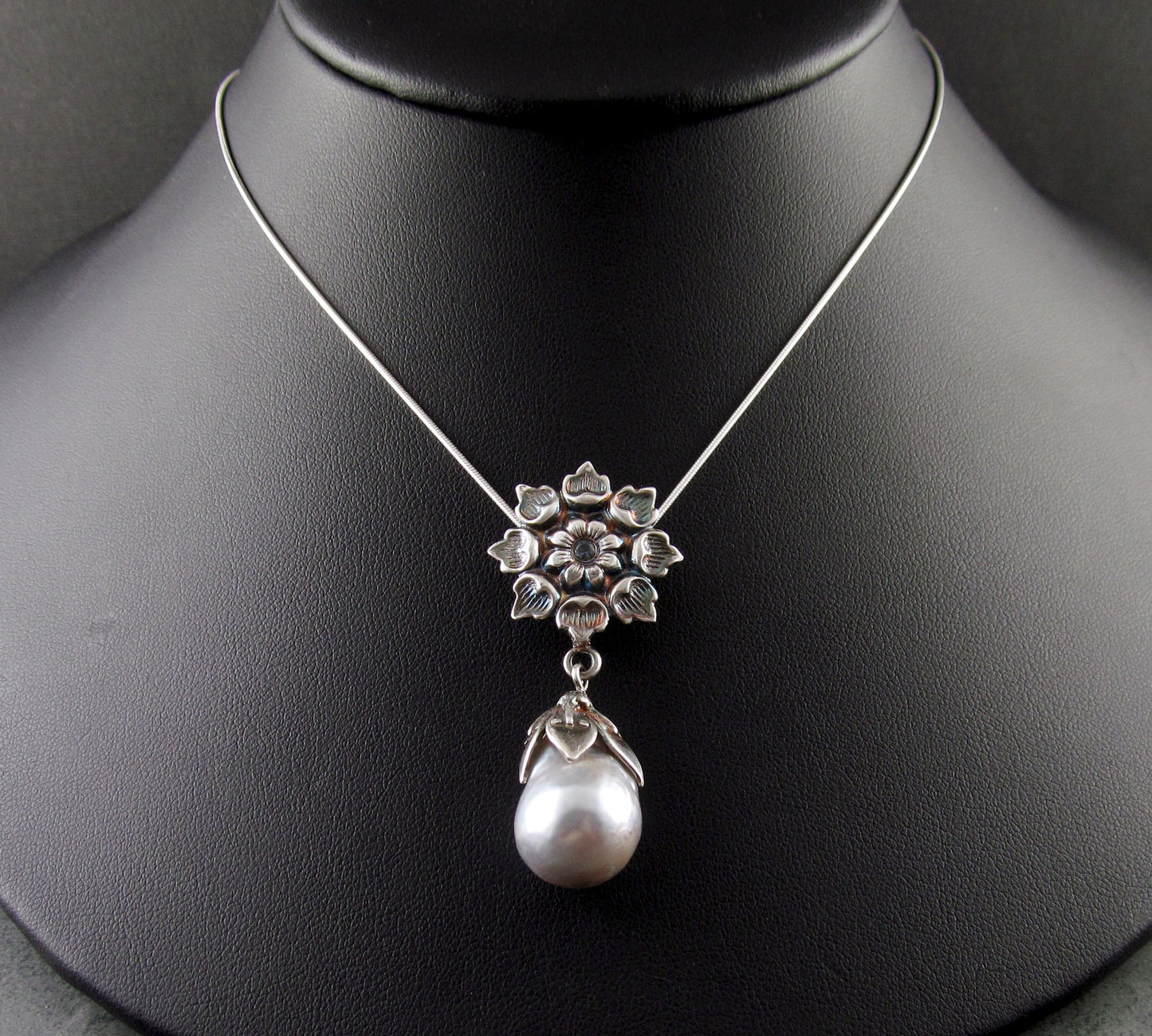 Sapphire & Tahitian pearl pendant, handmade eco friendly fine silver flower necklace with Montana blue sapphire-OOAK