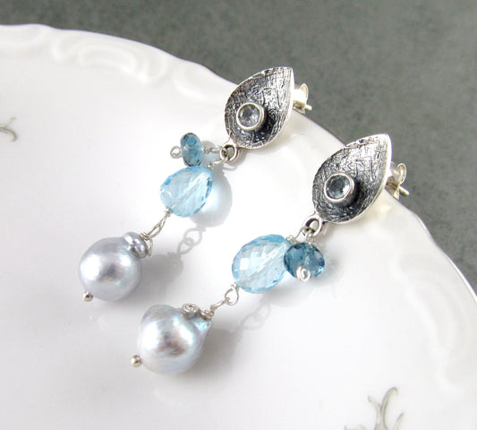 Topaz and Tahitian pearl earrings, handmade sterling silver post earrings with sky blue and London blue topaz, and saltwater pearls-OOAK