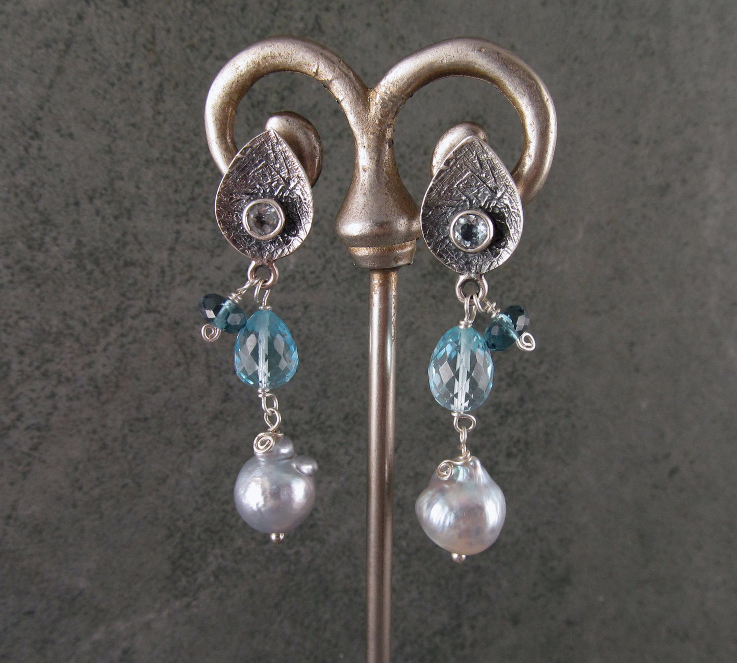 Topaz and Tahitian pearl earrings, handmade sterling silver post earrings with sky blue and London blue topaz, and saltwater pearls-OOAK