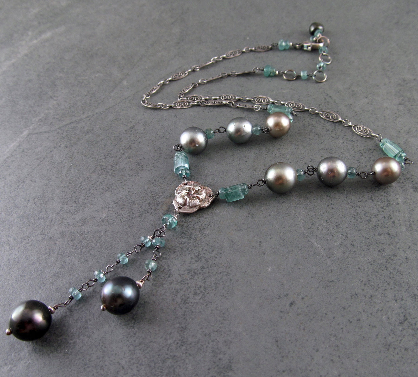 Blue tourmaline necklace with black & silver Tahitian pearls, recycled fine silver hibiscus and sterling silver necklace-OOAK