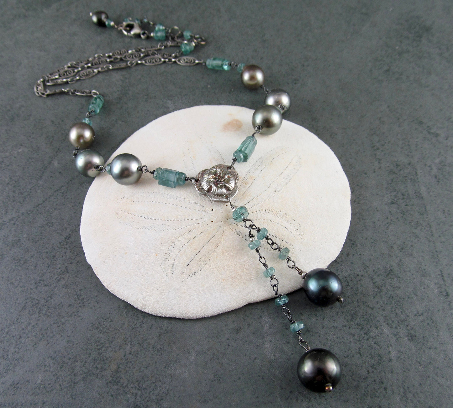 Blue tourmaline necklace with black & silver Tahitian pearls, recycled fine silver hibiscus and sterling silver necklace-OOAK