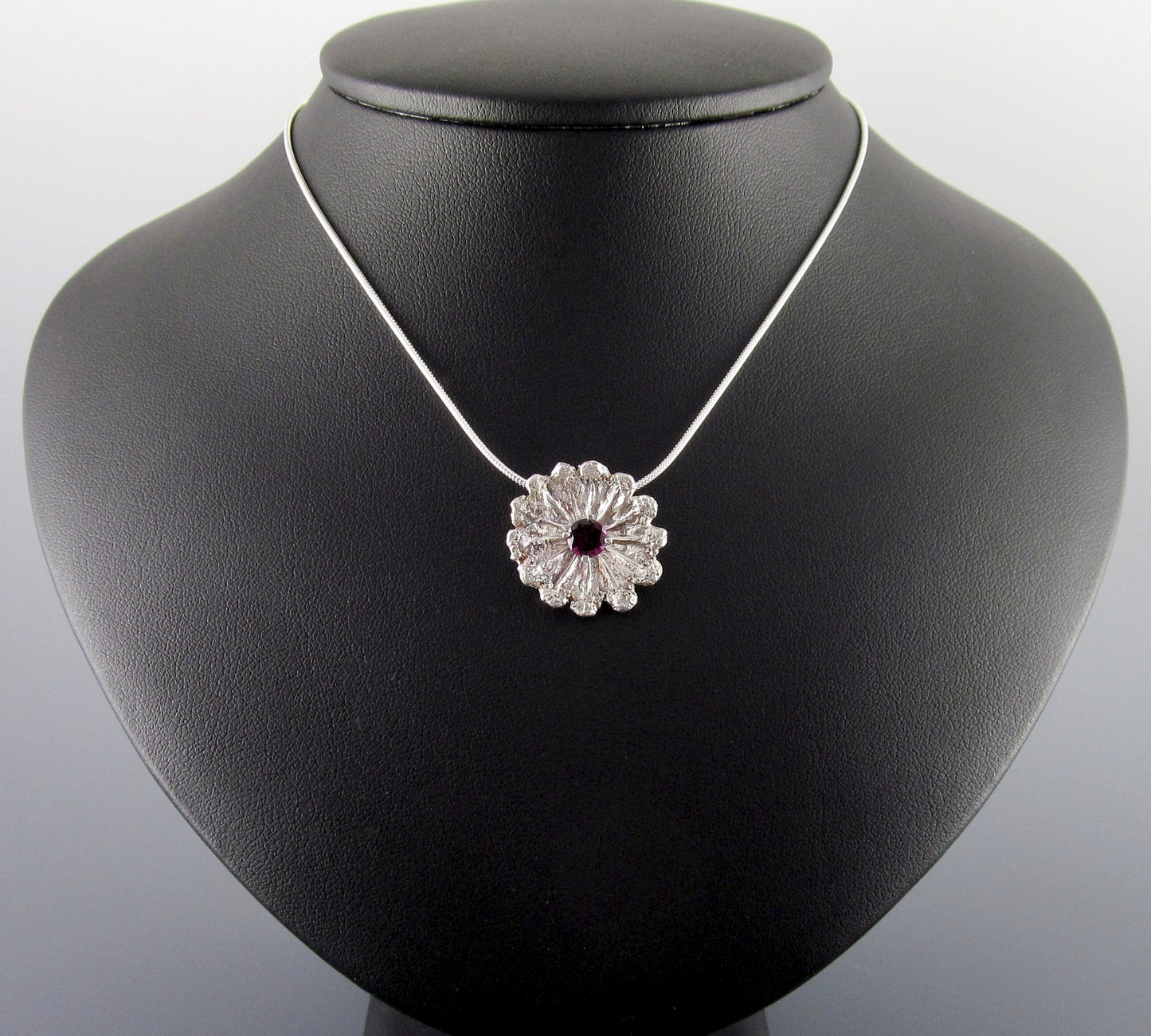 Plum garnet pendant, handmade eco friendly fine silver poppy pod top necklace-OOAK