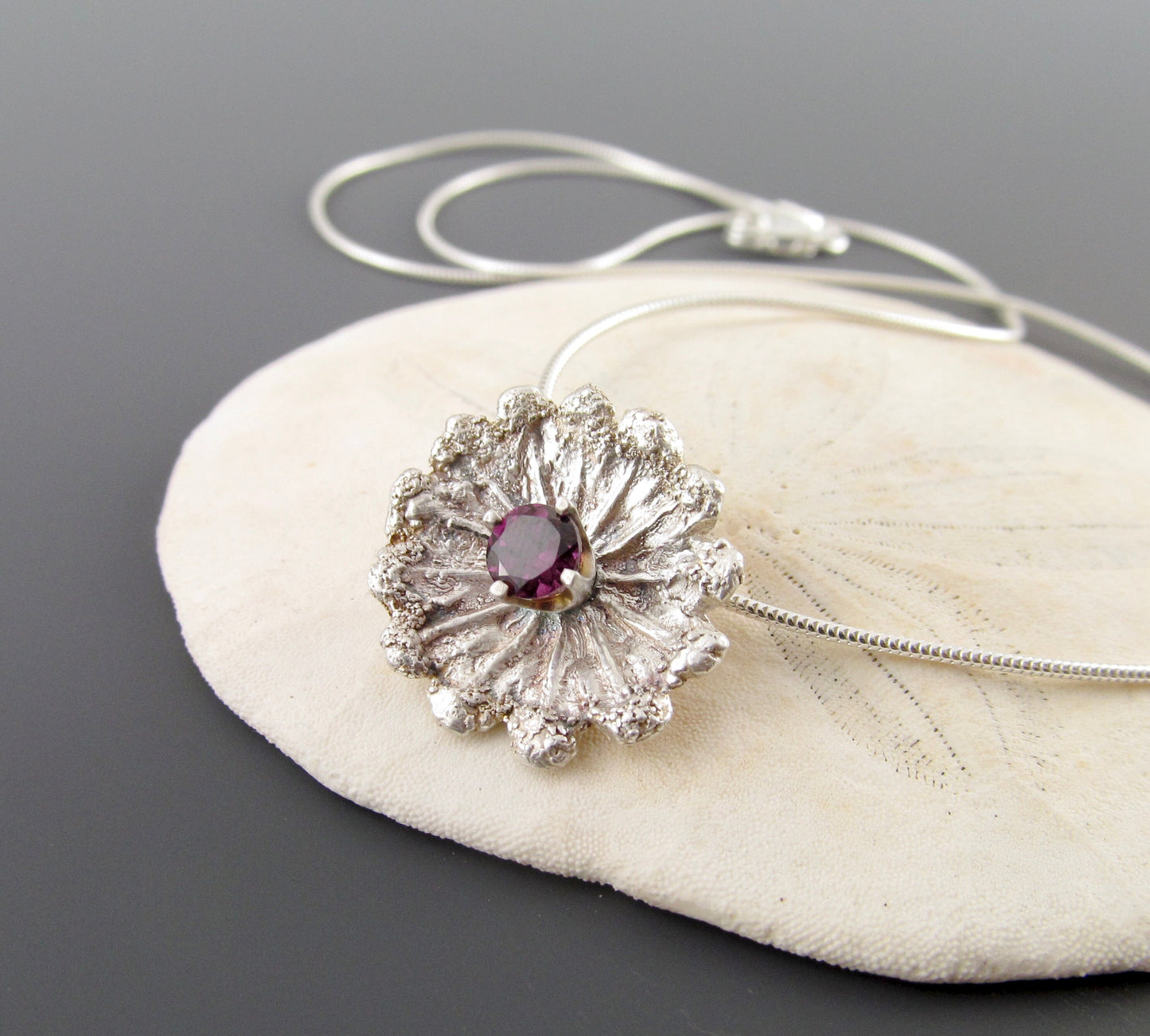 Plum garnet pendant, handmade eco friendly fine silver poppy pod top necklace-OOAK