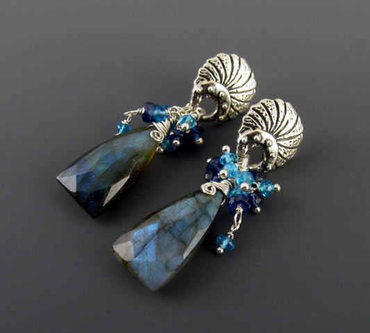 Blue labradorite earrings, handmade sterling silver earrings with apatite and deep blue kyanite-OOAK