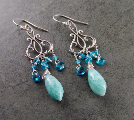 Blue gemstone chandelier earrings, handmade sterling silver apatite, and amazonite earrings-OOAK