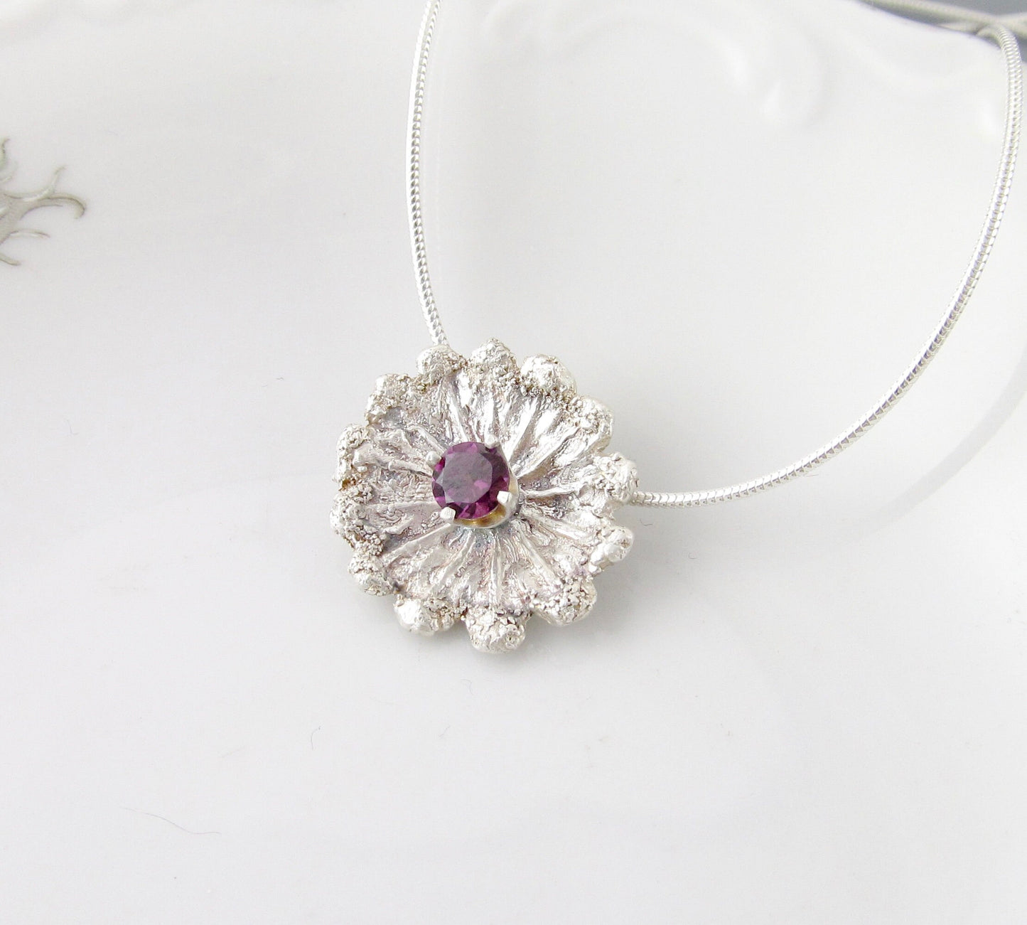 Plum garnet pendant, handmade eco friendly fine silver poppy pod top necklace-OOAK