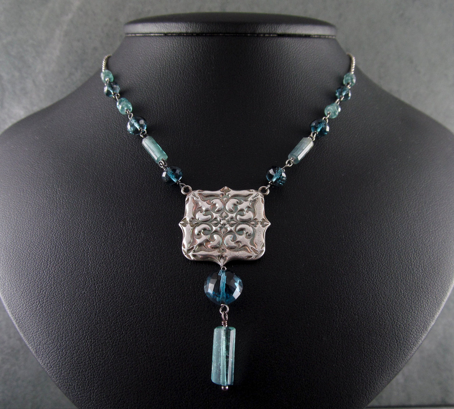 Victorian tile necklace, handmade eco friendly fine silver, London blue topaz and blue tourmaline gemstone jewelry-OOAK