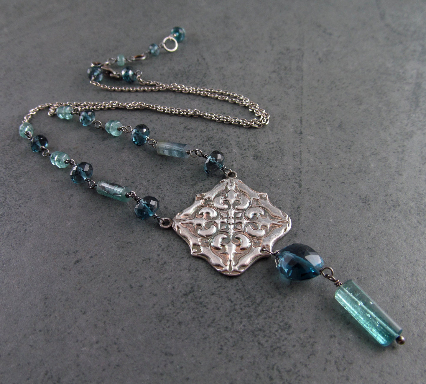 Victorian tile necklace, handmade eco friendly fine silver, London blue topaz and blue tourmaline gemstone jewelry-OOAK