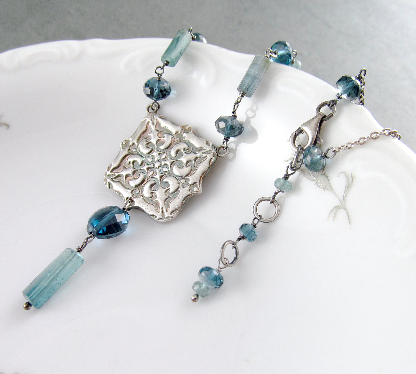 Victorian tile necklace, handmade eco friendly fine silver, London blue topaz and blue tourmaline gemstone jewelry-OOAK