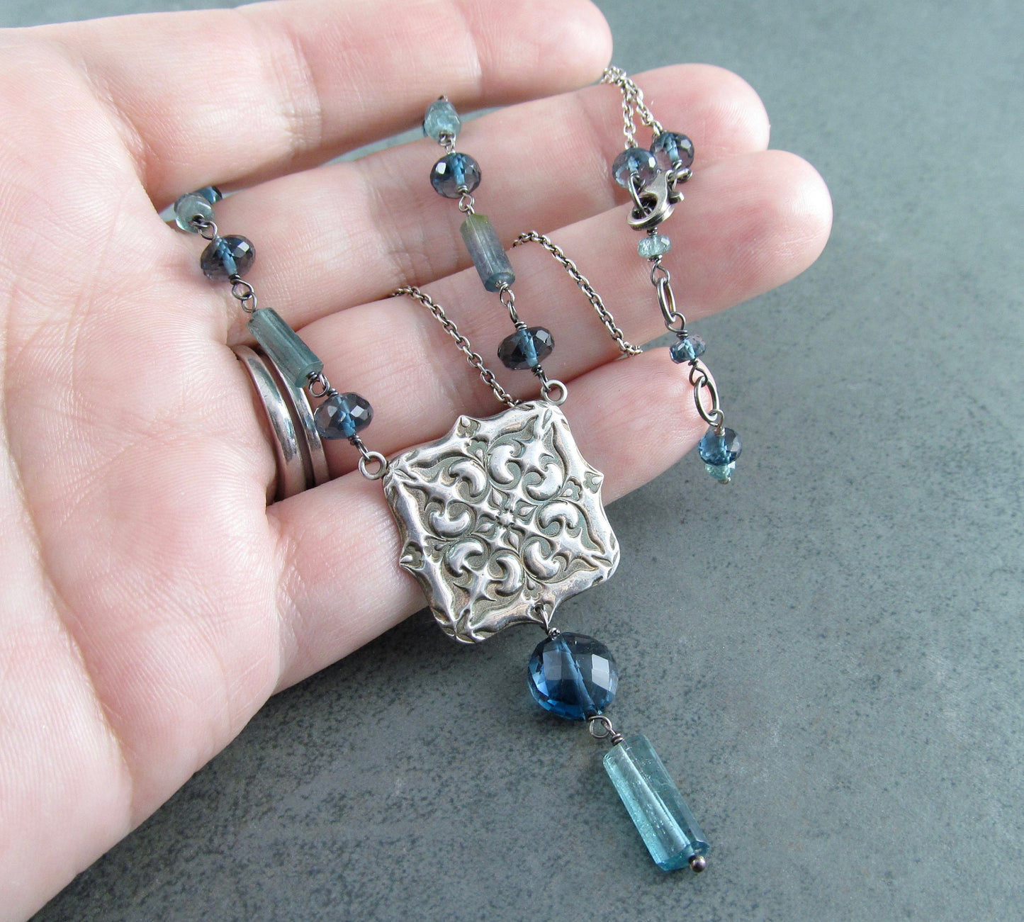 Victorian tile necklace, handmade eco friendly fine silver, London blue topaz and blue tourmaline gemstone jewelry-OOAK