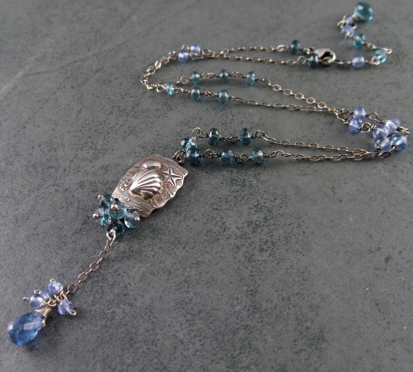 Seascape necklace, handmade recycled fine silver, London blue topaz and tanzanite jewelry-OOAK beach necklace