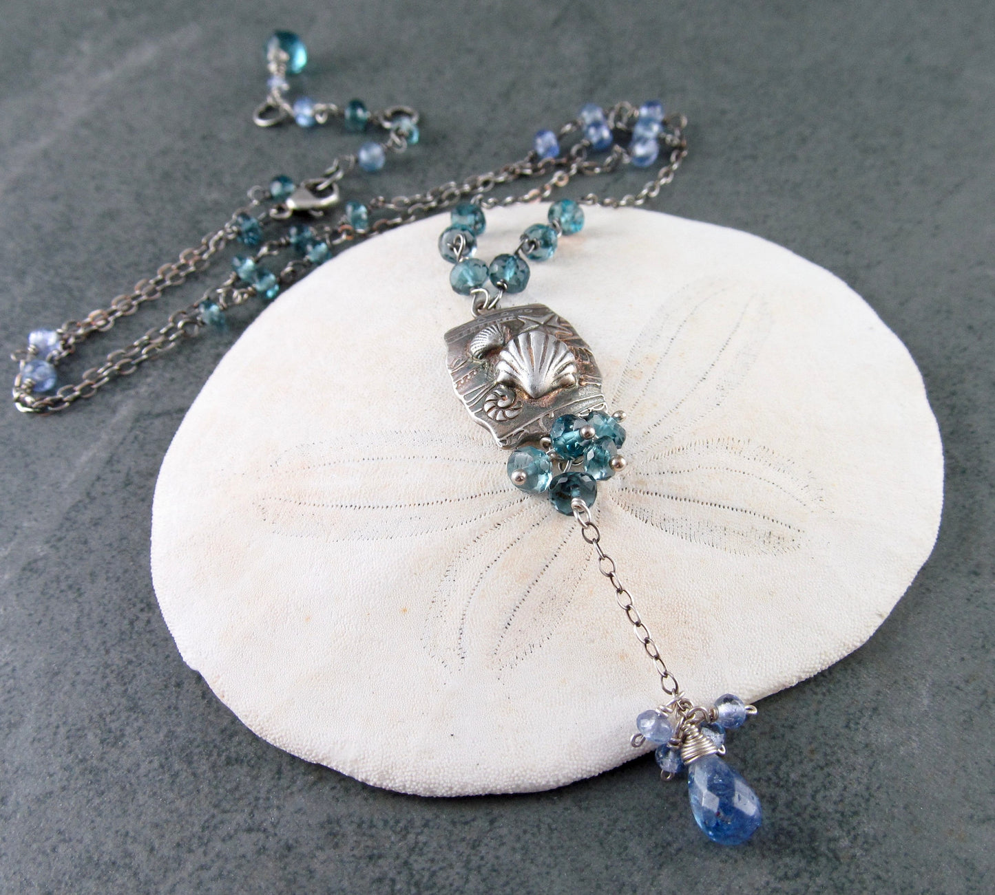 Seascape necklace, handmade recycled fine silver, London blue topaz and tanzanite jewelry-OOAK beach necklace