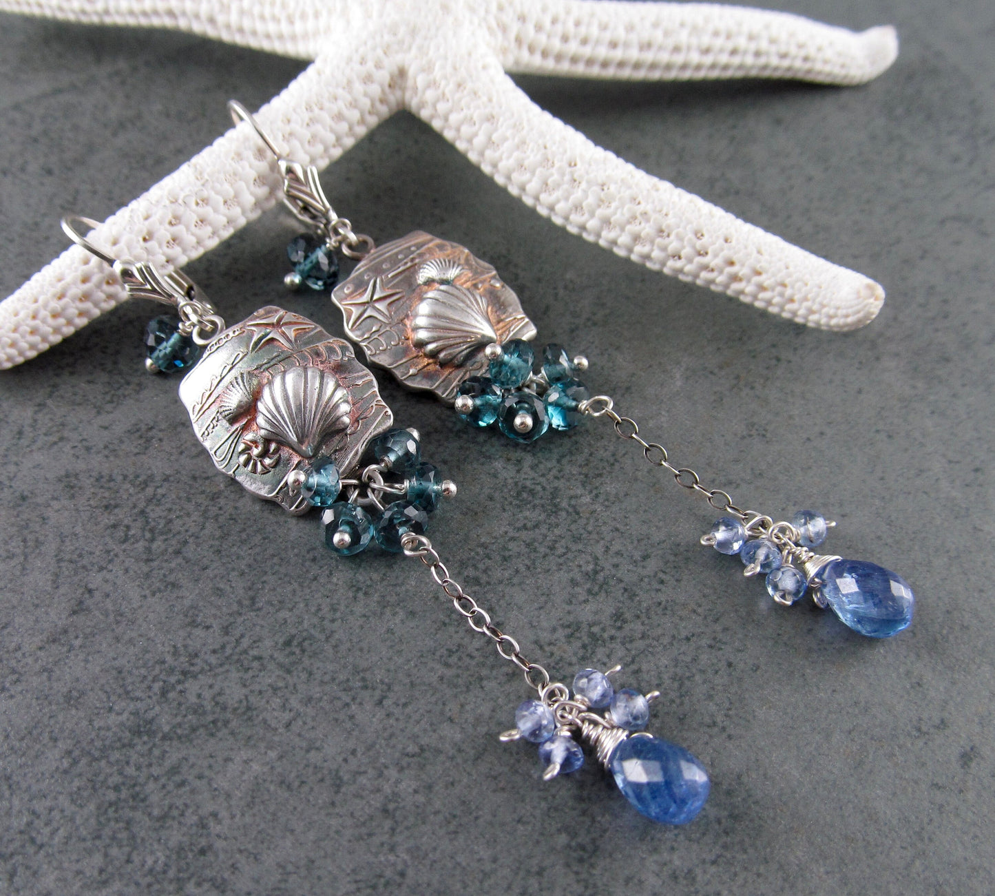 Seascape earrings, handmade recycled fine silver shell earrings with London blue topaz & tanzanite-OOAK beach earrings