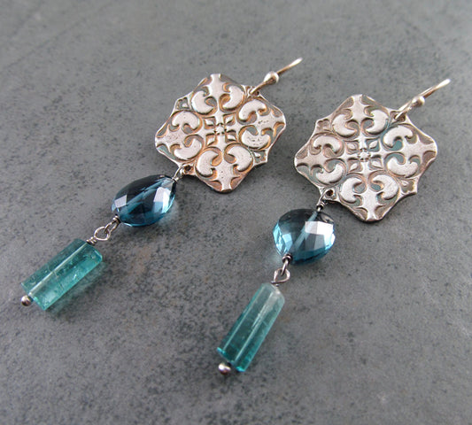 London blue topaz tassel earrings, handmade recycled fine silver Victorian ceiling tile earrings with Paraiba blue tourmaline-OOAK