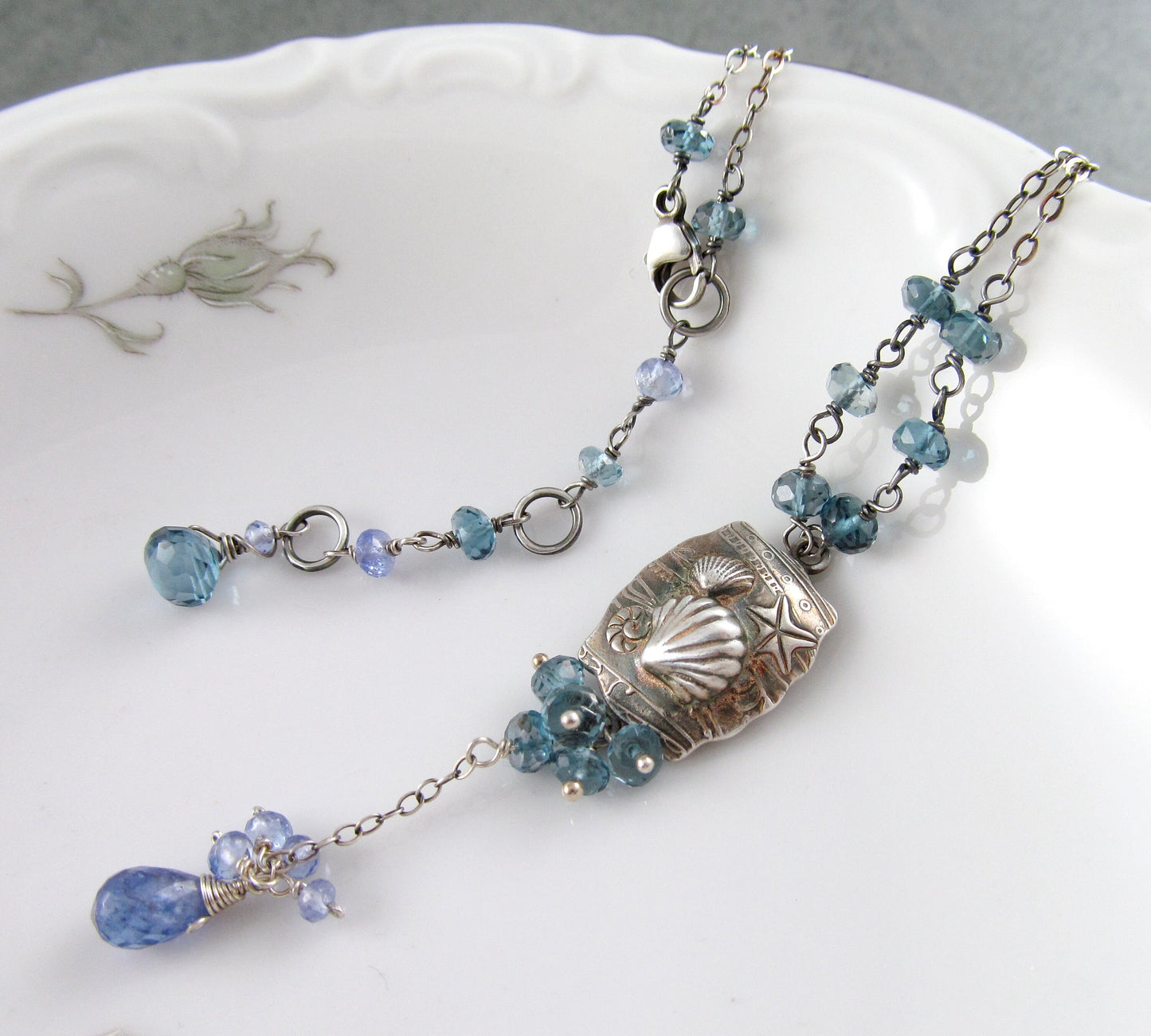 Seascape necklace, handmade recycled fine silver, London blue topaz and tanzanite jewelry-OOAK beach necklace