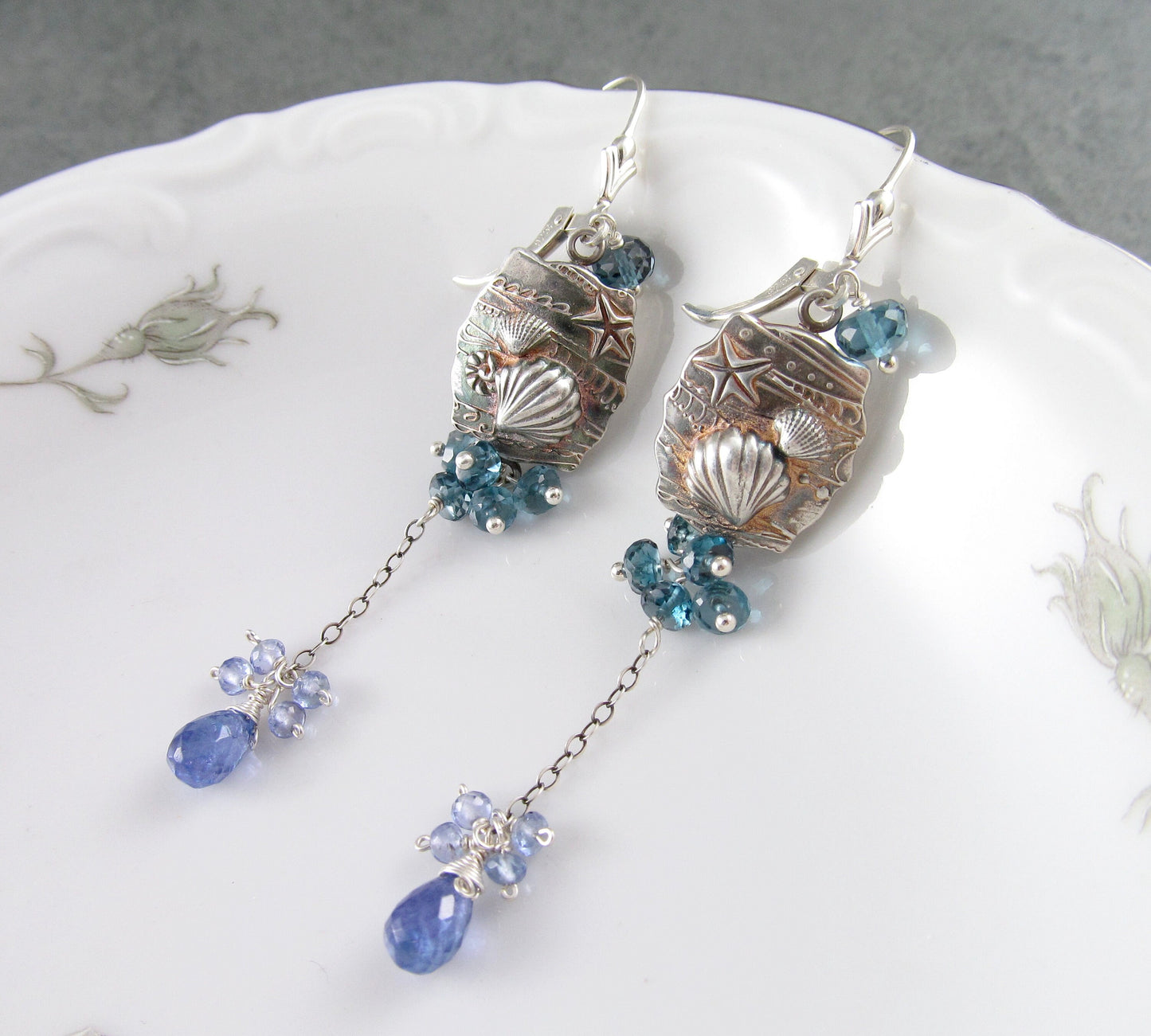 Seascape earrings, handmade recycled fine silver shell earrings with London blue topaz & tanzanite-OOAK beach earrings
