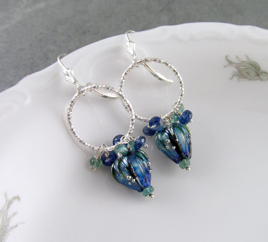 Bluebell earrings, handmade sterling silver, borosilicate glass flower, kyanite and green apatite earrings-OOAK