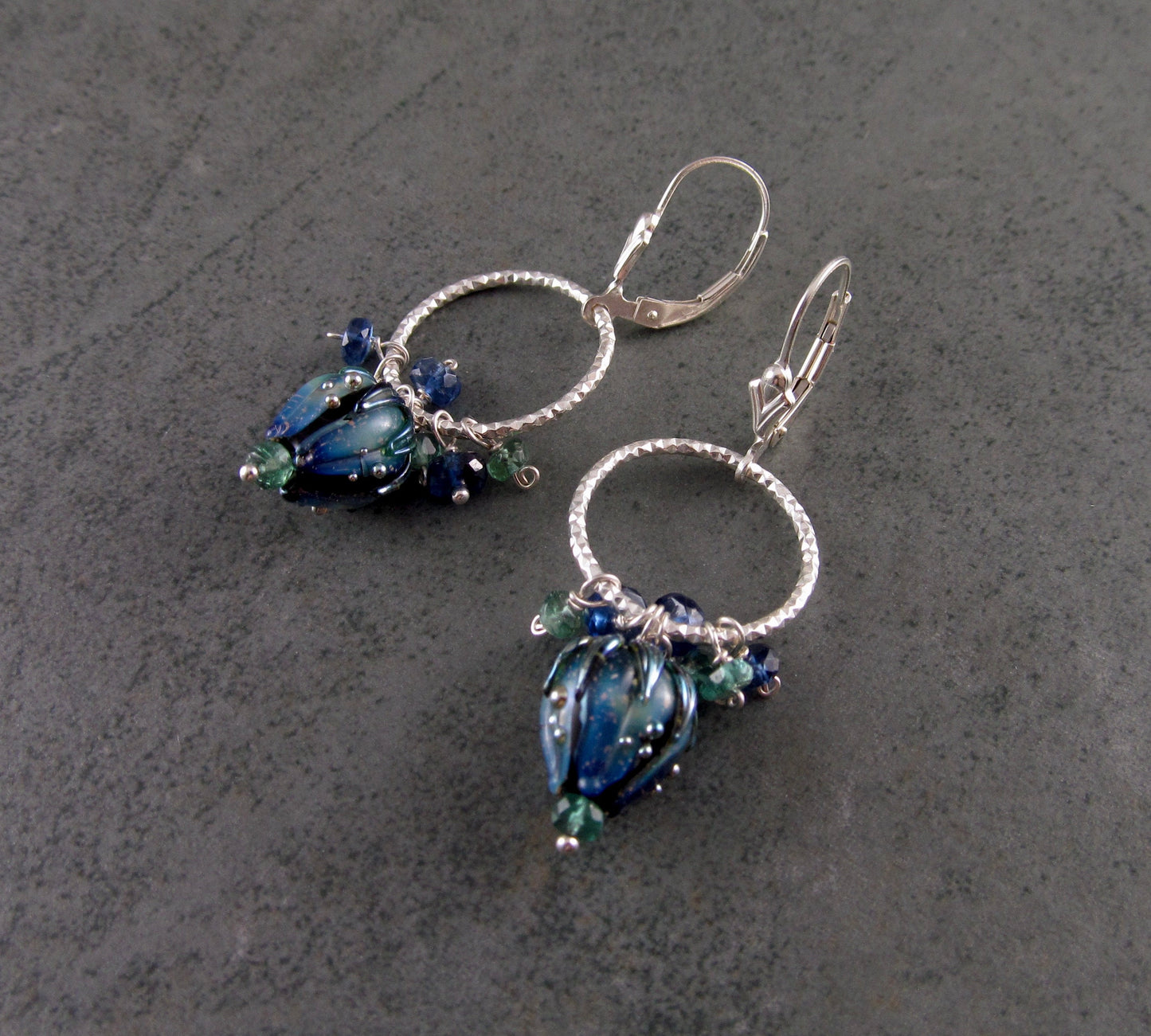 Bluebell earrings, handmade sterling silver, borosilicate glass flower, kyanite and green apatite earrings-OOAK