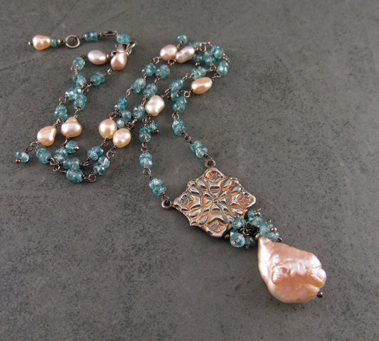 Blue zircon and pearl necklace, handmade eco friendly fine silver Victorian tile necklace-OOAK