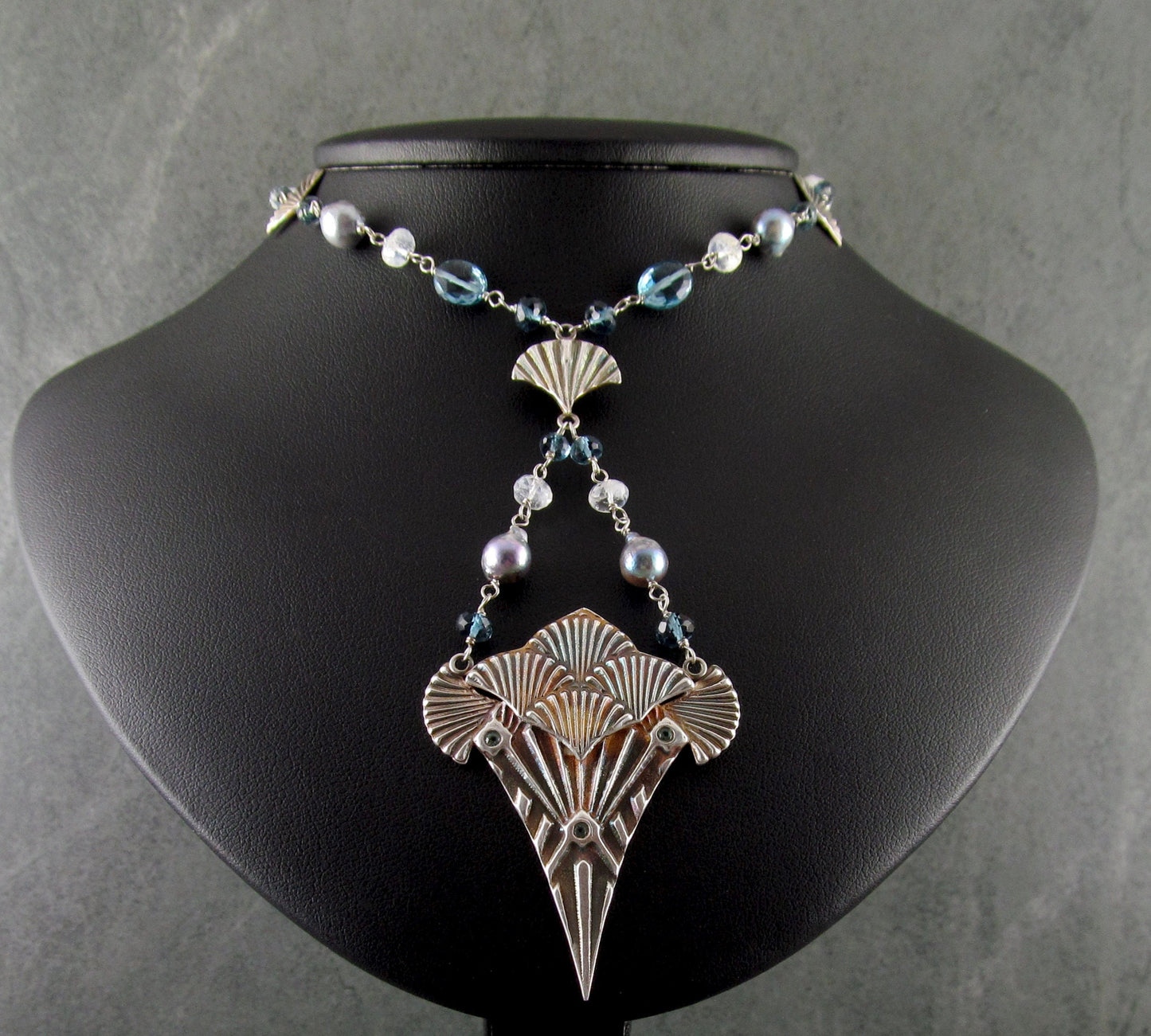 Art Deco mermaid necklace, handmade recycled fine silver, London blue topaz, Akoya saltwater pearl and rainbow moonstone necklace-OOAK