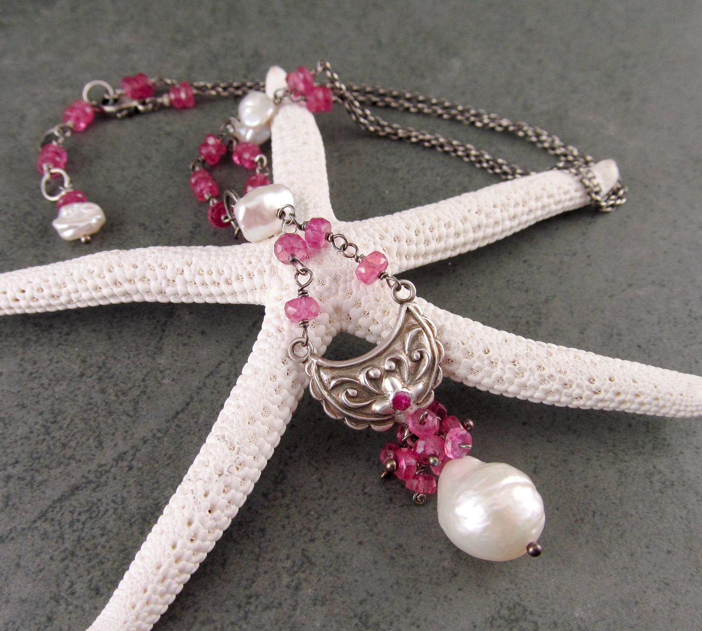 Pink sapphire necklace, handmade recycled fine silver ruby and pearl necklace-OOAK