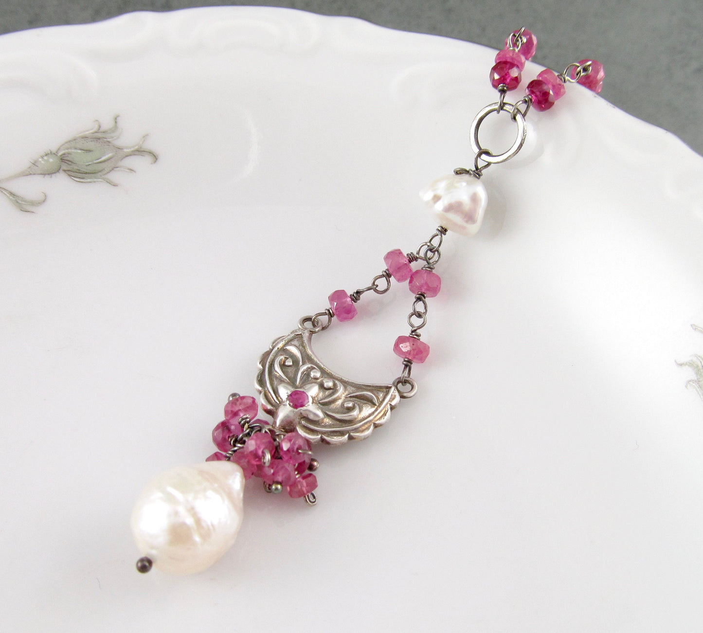 Pink sapphire necklace, handmade recycled fine silver ruby and pearl necklace-OOAK