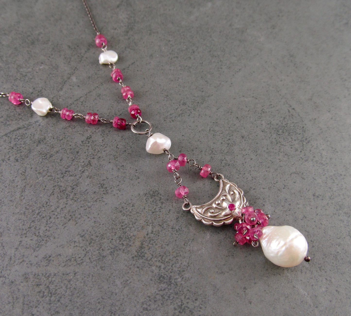 Pink sapphire necklace, handmade recycled fine silver ruby and pearl necklace-OOAK