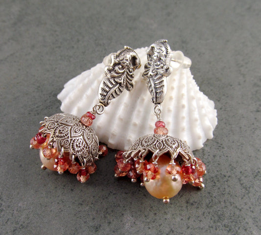 Peach sapphire Jhumki earrings, handmade recycled fine silver and Edison freshwater pearl bell earrings-OOAK Firebird