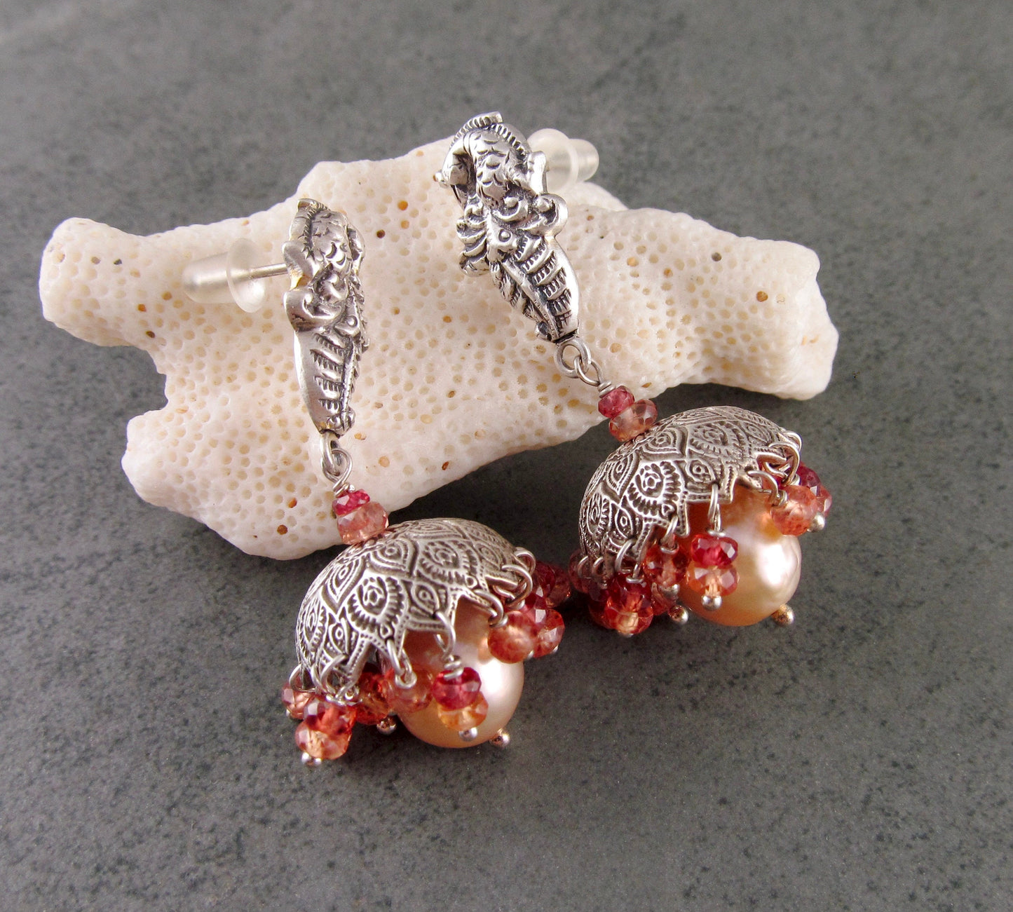 Peach sapphire Jhumki earrings, handmade recycled fine silver and Edison freshwater pearl bell earrings-OOAK Firebird