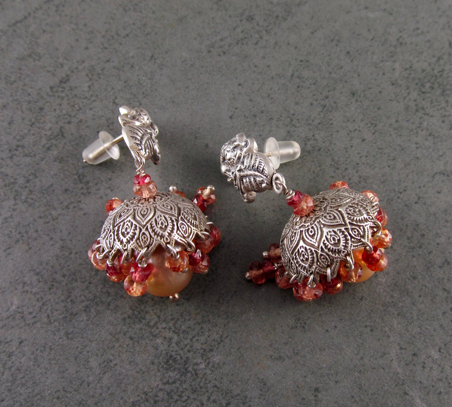 Peach sapphire Jhumki earrings, handmade recycled fine silver and Edison freshwater pearl bell earrings-OOAK Firebird