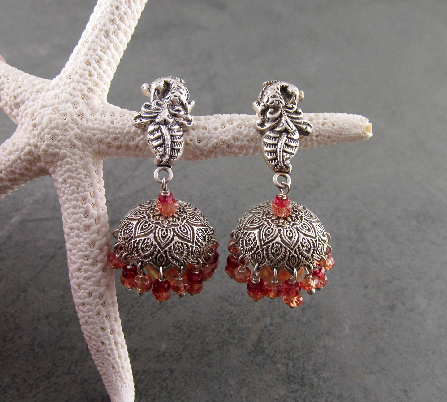 Peach sapphire Jhumki earrings, handmade recycled fine silver and Edison freshwater pearl bell earrings-OOAK Firebird