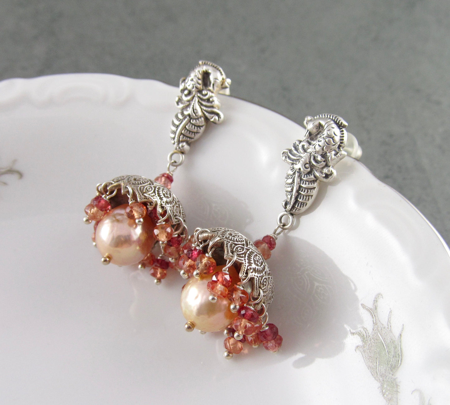 Peach sapphire Jhumki earrings, handmade recycled fine silver and Edison freshwater pearl bell earrings-OOAK Firebird