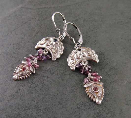 Sapphire floral moon earrings, handmade eco friendly fine silver earrings-OOAK