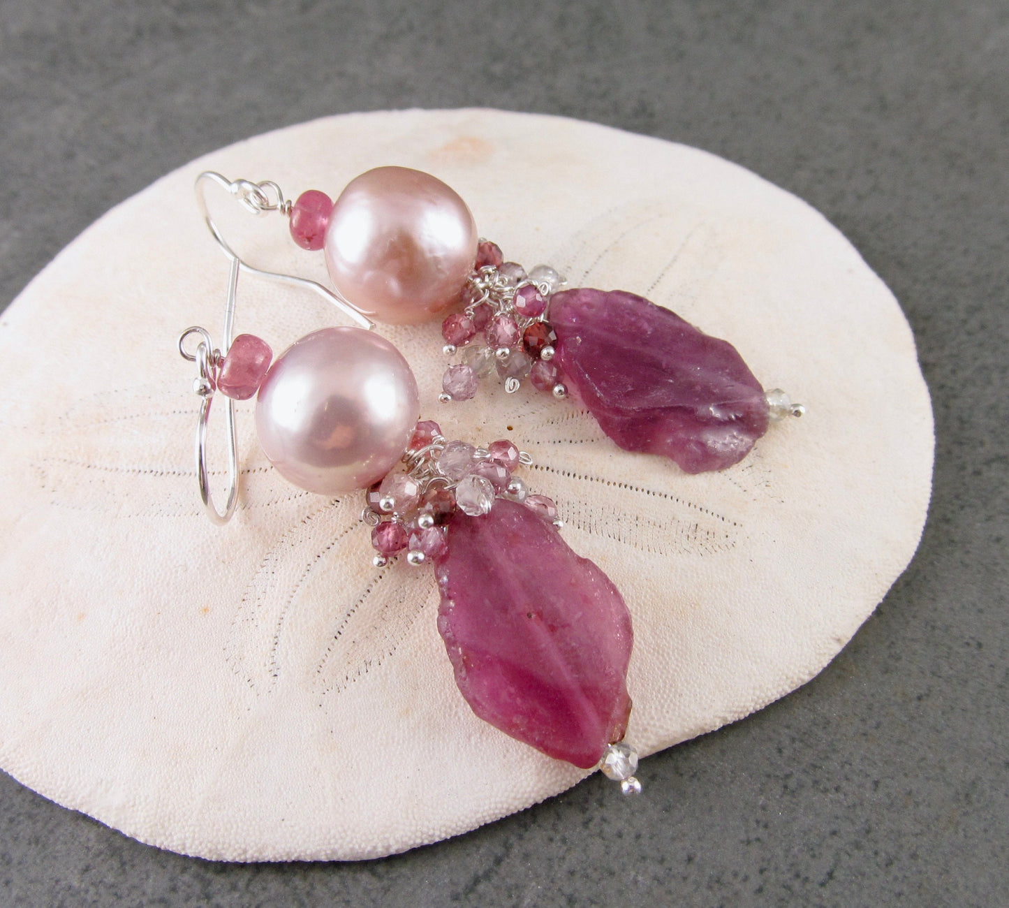 Pink sapphire earrings with pink Edison pearls, handmade sterling silver sapphire slice earrings-OOAK