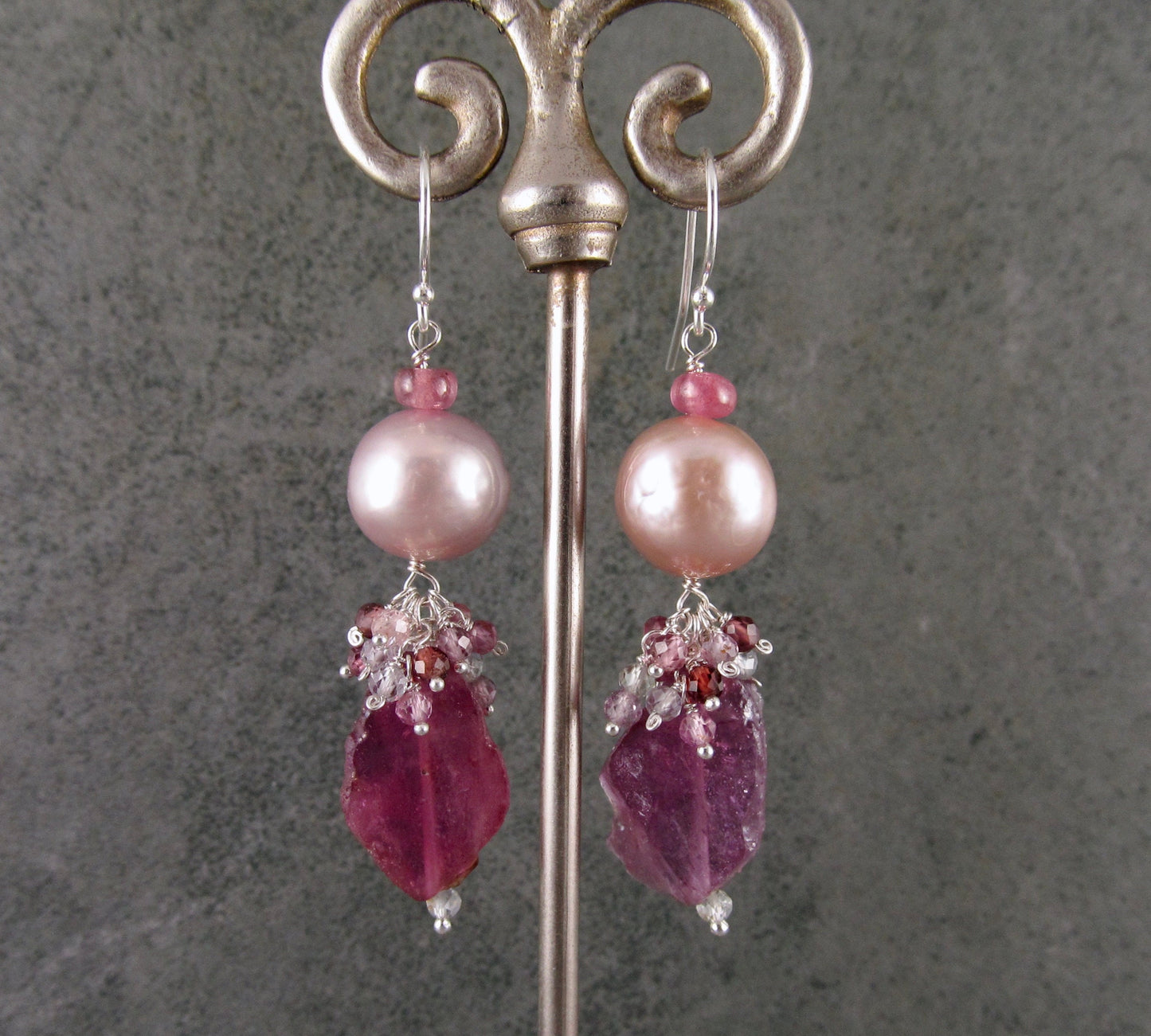 Pink sapphire earrings with pink Edison pearls, handmade sterling silver sapphire slice earrings-OOAK