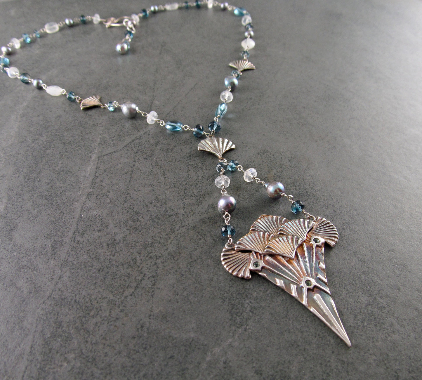 Art Deco mermaid necklace, handmade recycled fine silver, London blue topaz, Akoya saltwater pearl and rainbow moonstone necklace-OOAK